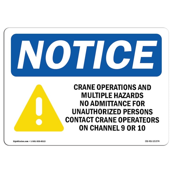 Safety Sign, OSHA Notice, 12" Height, NOTICE Crane Operations And Sign With Symbol, Landscape